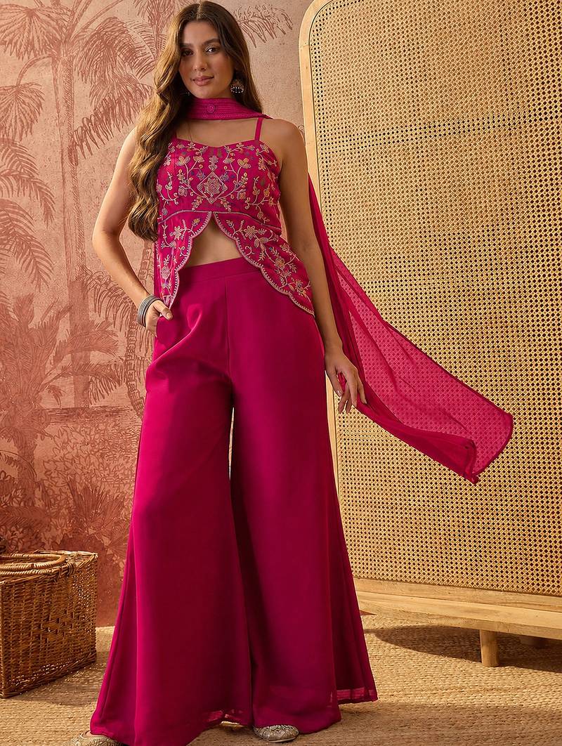 Rani pink georgette kurta palazzo set with striped dupatta