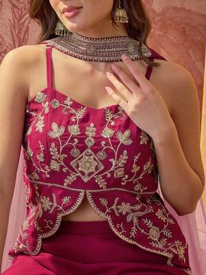 Rani pink georgette kurta palazzo set with striped dupatta 2