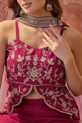 Rani pink georgette kurta palazzo set with striped dupatta