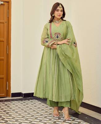 Sage green chanderi anarkali kurta set with dupatta 2