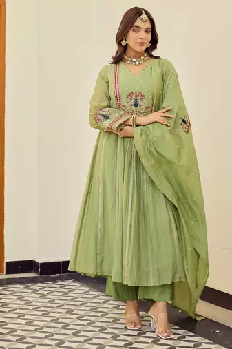 Sage green chanderi anarkali kurta set with dupatta