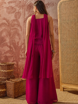 Rani pink georgette kurta palazzo set with striped dupatta 3