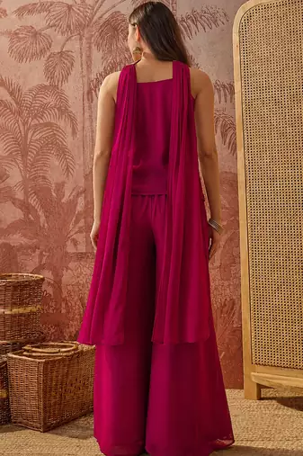 Rani pink georgette kurta palazzo set with striped dupatta