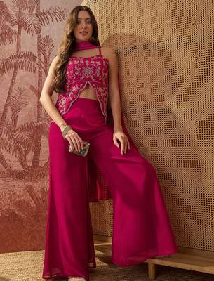 Rani pink georgette kurta palazzo set with striped dupatta 4