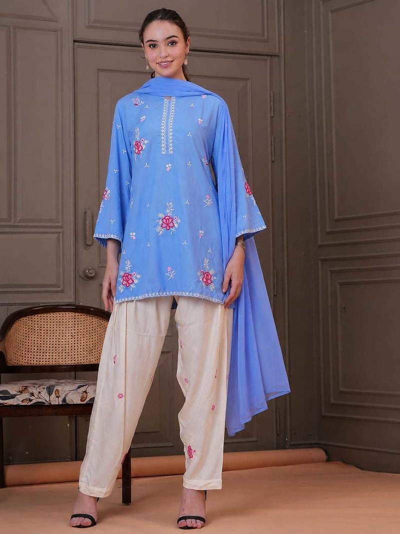 Sky blue cotton kurta palazzo set with nazmin dupatta