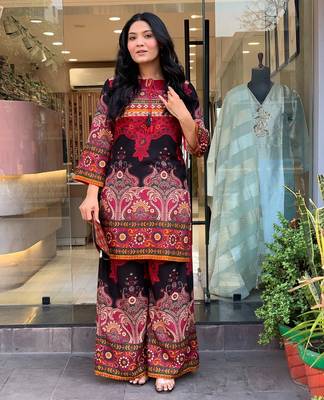 Wine printed rayon kurta palazzo co-ord set 1