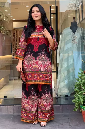 Wine printed rayon kurta palazzo co-ord set