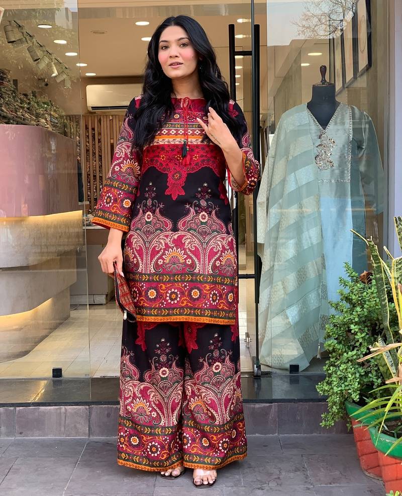 Wine printed rayon kurta palazzo co-ord set