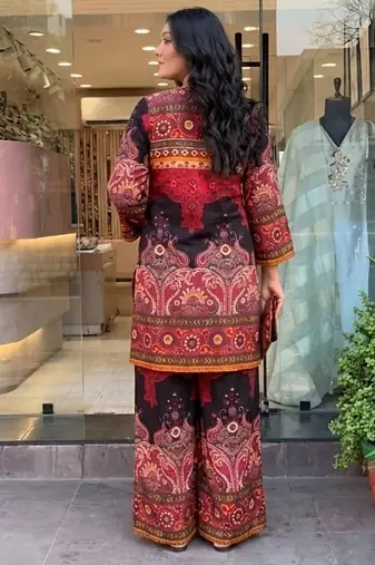 Wine printed rayon kurta palazzo co-ord set