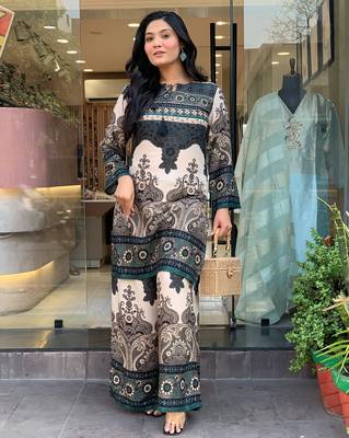 Teal printed rayon kurta palazzo co-ord set 1