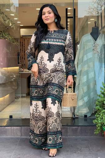 Teal printed rayon kurta palazzo co-ord set