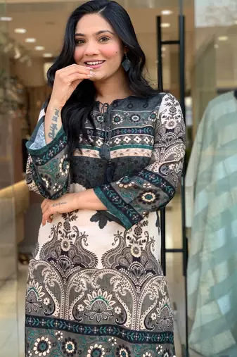 Teal printed rayon kurta palazzo co-ord set