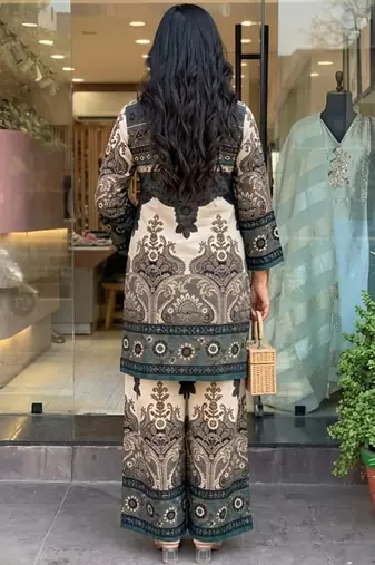 Teal printed rayon kurta palazzo co-ord set