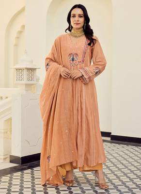 Peach chanderi anarkali kurta set with dupatta 1