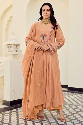 Peach chanderi anarkali kurta set with dupatta