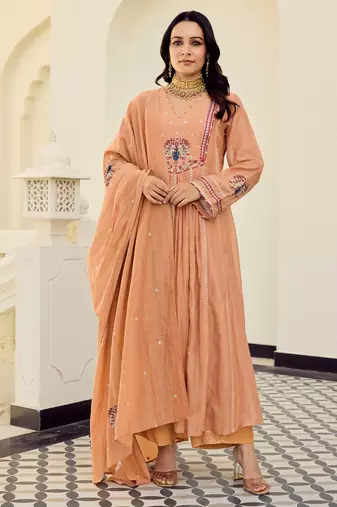 Peach chanderi anarkali kurta set with dupatta