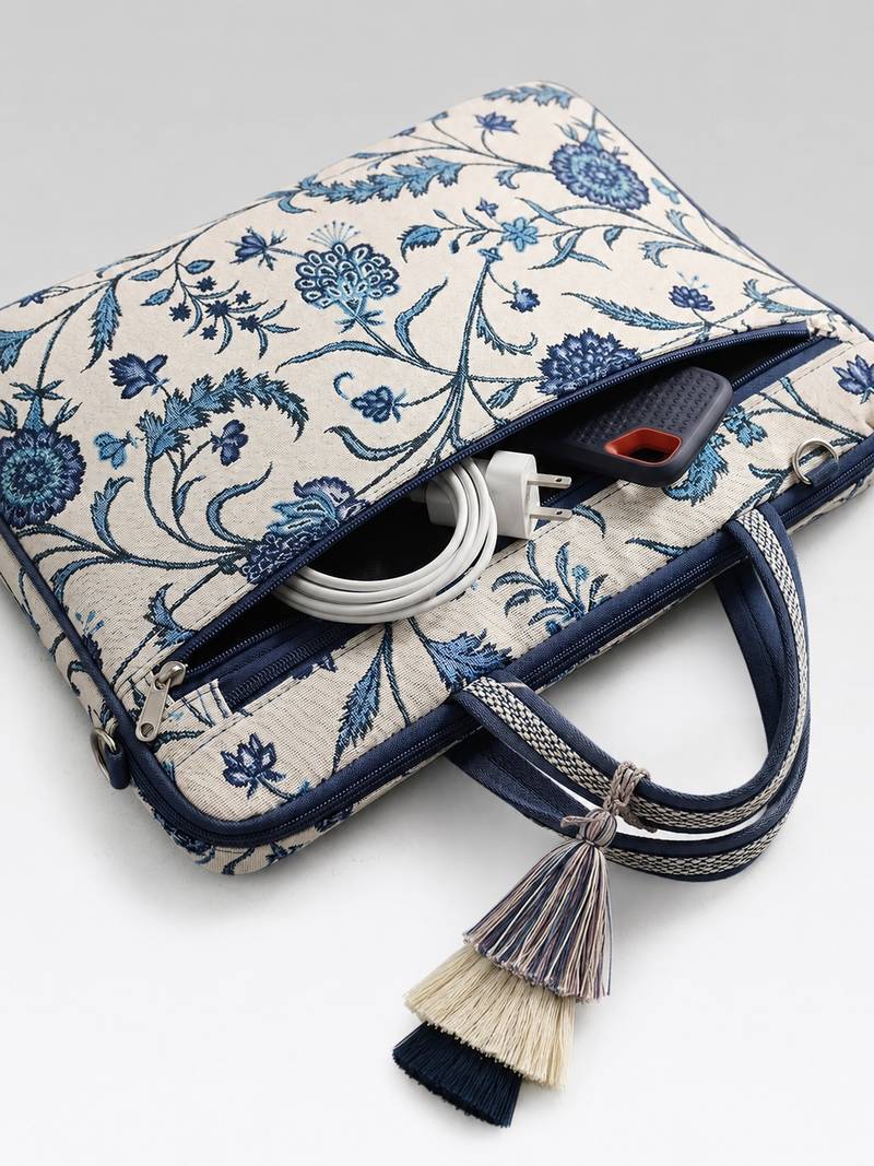  petal posh ivory & navy floral jacquard laptop bag (upto 16")