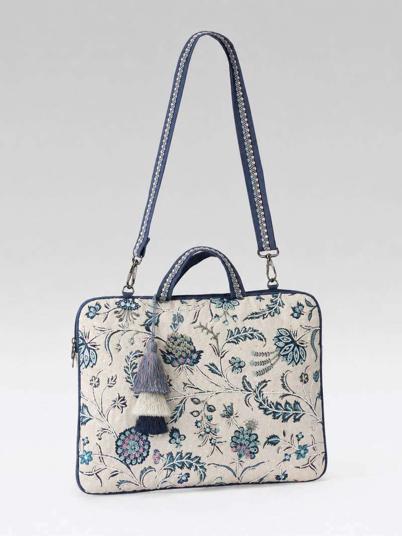  petal posh ivory & navy floral jacquard laptop bag (upto 16")