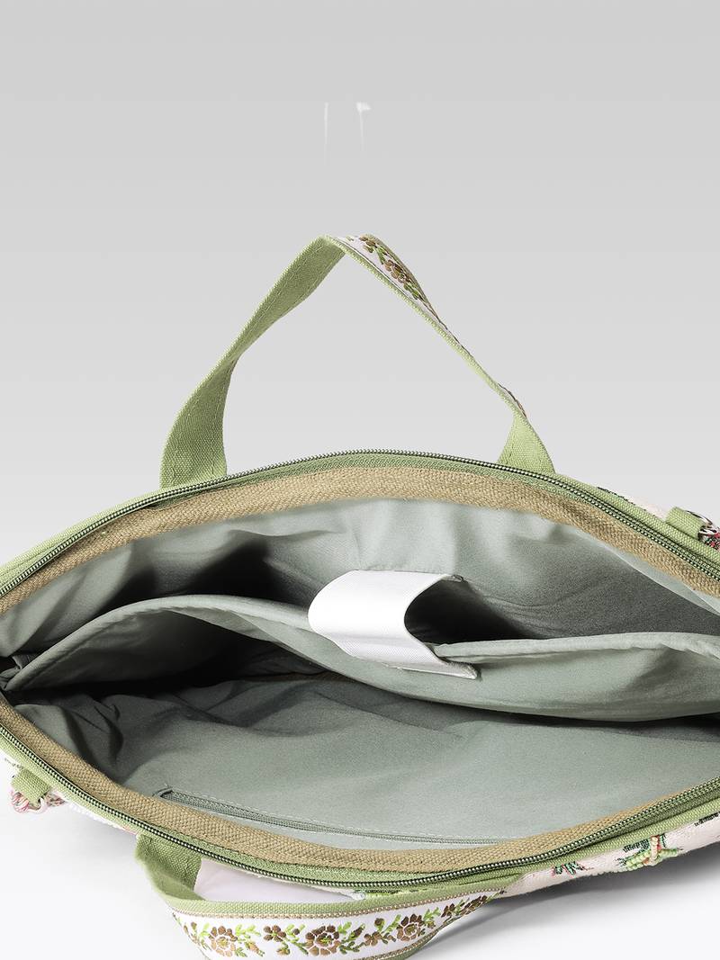  petal posh ivory & olive floral jacquard laptop bag (upto 16")