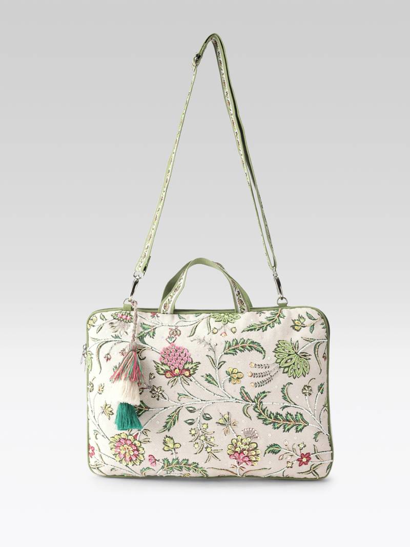  petal posh ivory & olive floral jacquard laptop bag (upto 16")