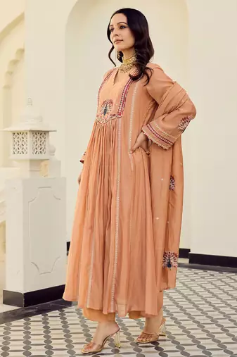 Peach chanderi anarkali kurta set with dupatta