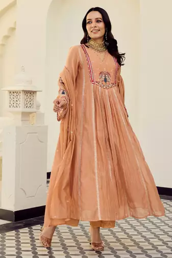 Peach chanderi anarkali kurta set with dupatta