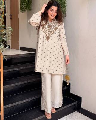 Cream embroidered silk blend crepe kurta palazzo set 1