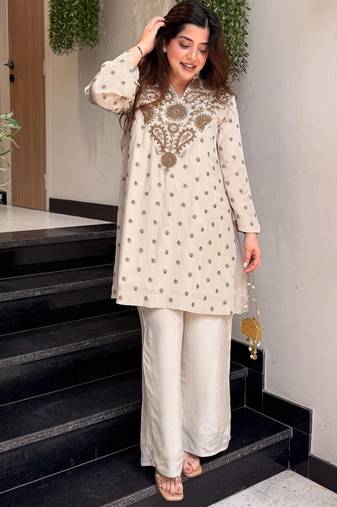 Cream embroidered silk blend crepe kurta palazzo set