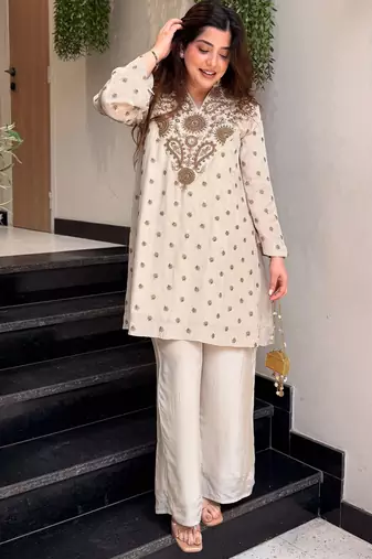 Cream embroidered silk blend crepe kurta palazzo set