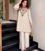 Cream embroidered silk blend crepe kurta palazzo set