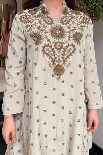 Cream embroidered silk blend crepe kurta palazzo set