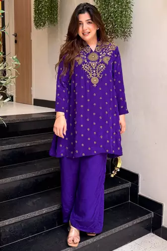 Purple embroidered silk blend crepe kurta palazzo set