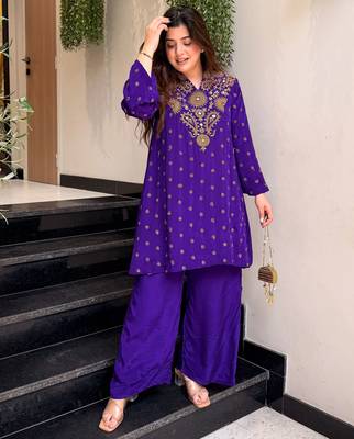 Purple embroidered silk blend crepe kurta palazzo set 2