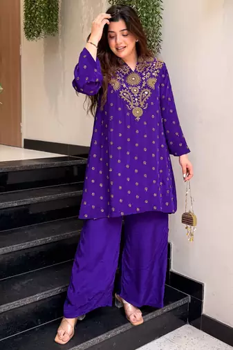 Purple embroidered silk blend crepe kurta palazzo set