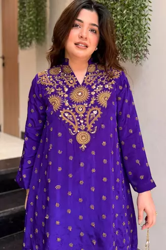 Purple embroidered silk blend crepe kurta palazzo set