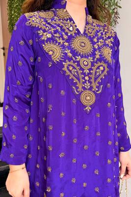 Purple embroidered silk blend crepe kurta palazzo set 4