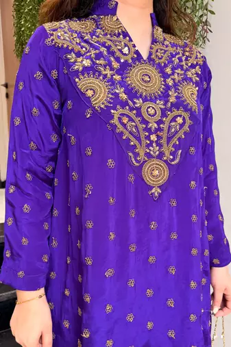 Purple embroidered silk blend crepe kurta palazzo set