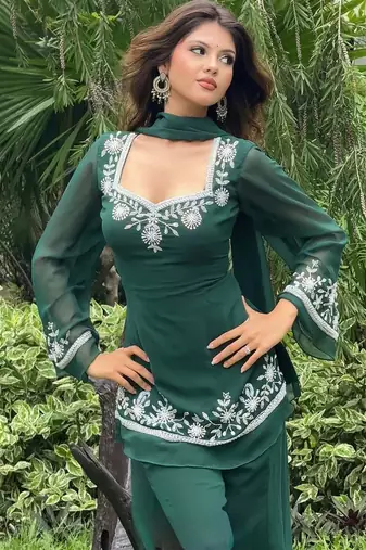 Green georgette kurta palazzo set with dupatta