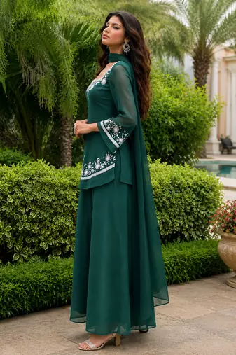 Green georgette kurta palazzo set with dupatta