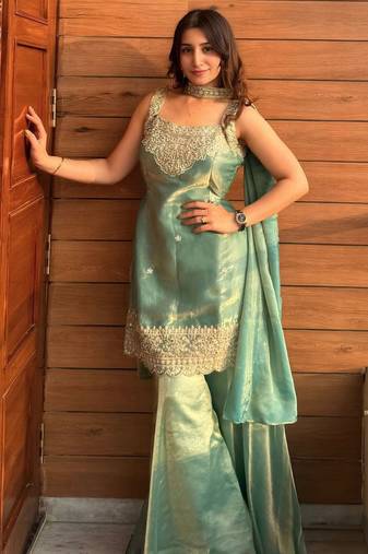 Green fendy kurta sharara set with choker dupatta