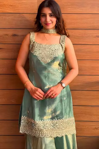 Green fendy kurta sharara set with choker dupatta