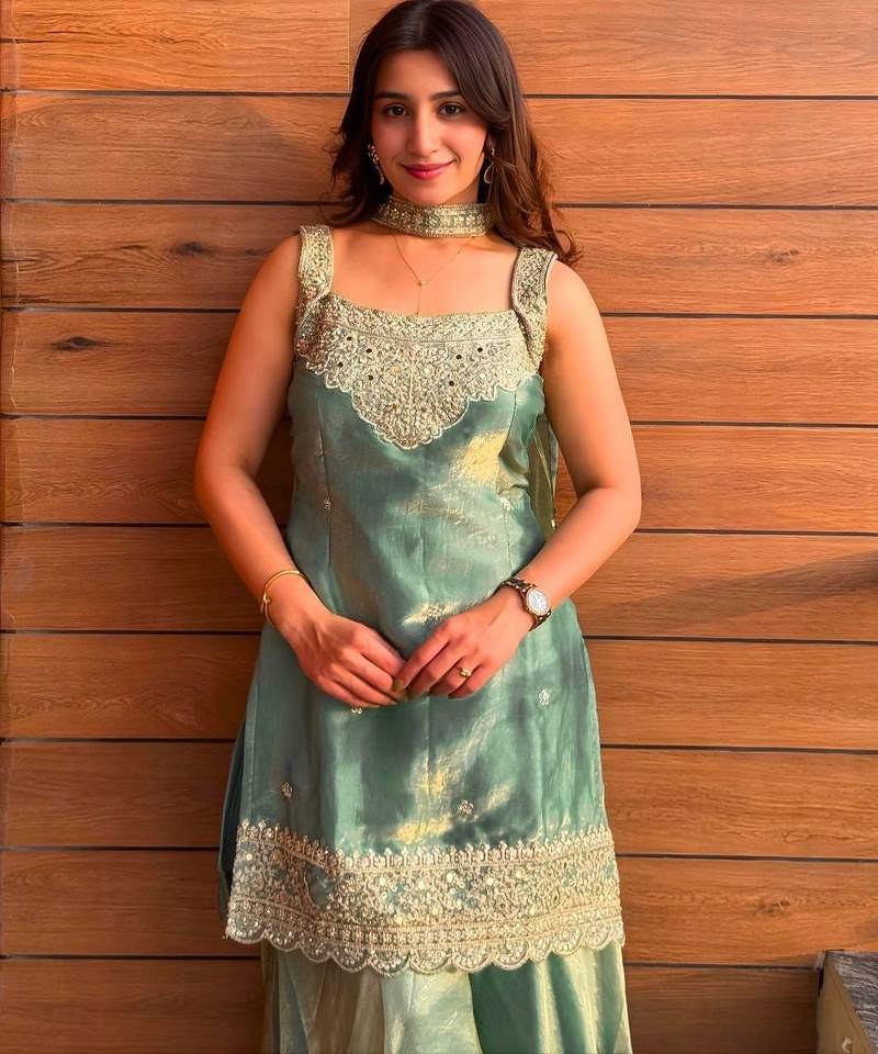 Green fendy kurta sharara set with choker dupatta