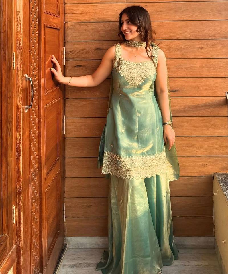 Green fendy kurta sharara set with choker dupatta