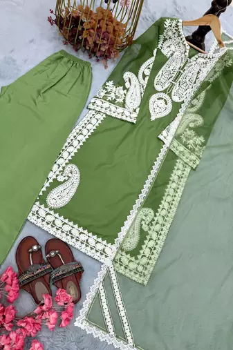 Green Color  Embroidery Work Organza Salwar Suit 