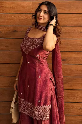 Maroon fendy kurta sharara set with choker dupatta