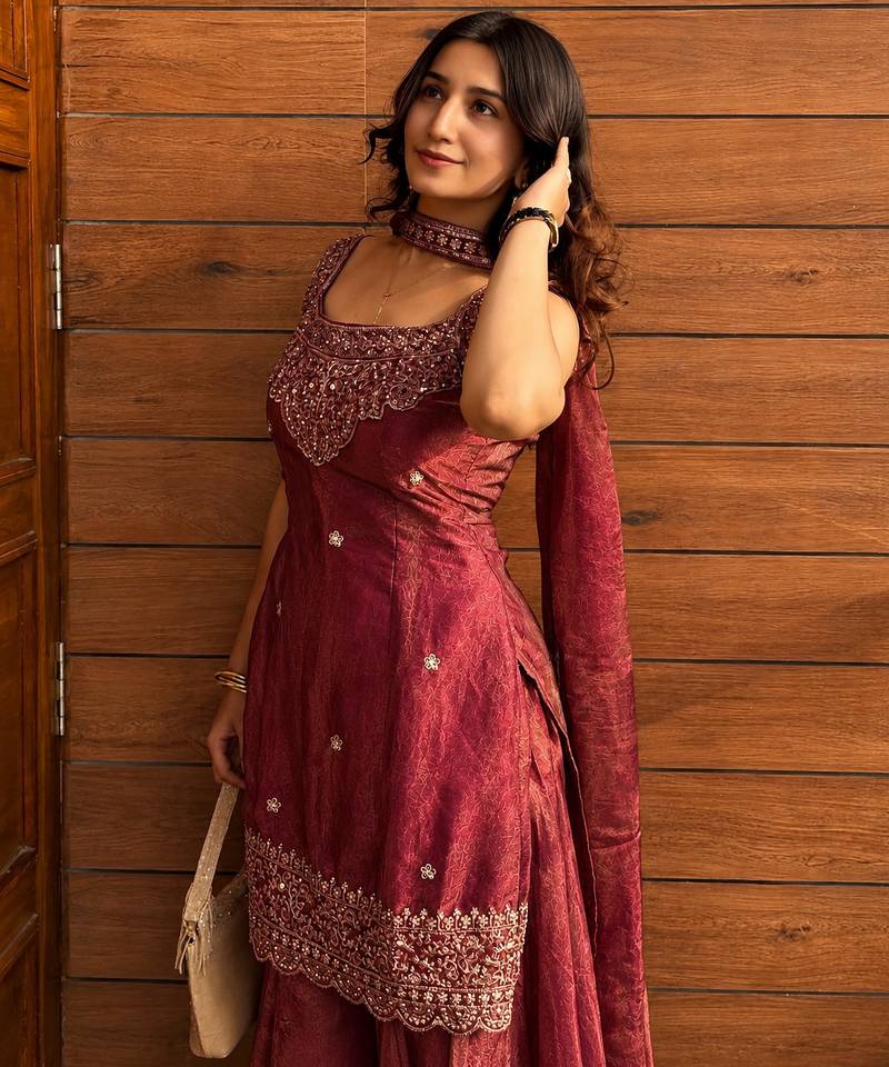 Maroon fendy kurta sharara set with choker dupatta