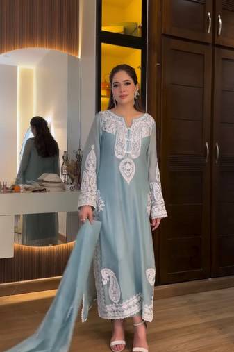 Sky Blue  Color  Embroidery Work Organza Salwar Suit 
