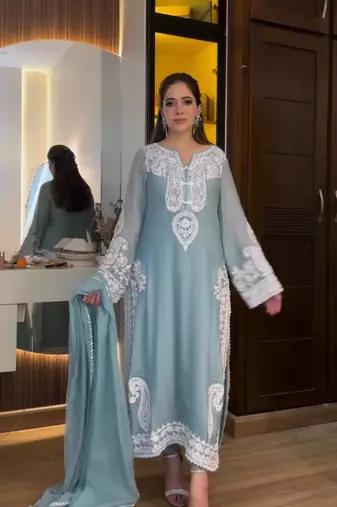 Sky Blue  Color  Embroidery Work Organza Salwar Suit 