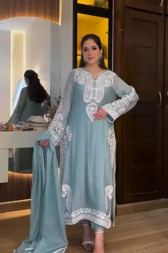 Sky Blue  Color  Embroidery Work Organza Salwar Suit 