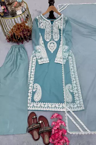 Sky Blue  Color  Embroidery Work Organza Salwar Suit 
